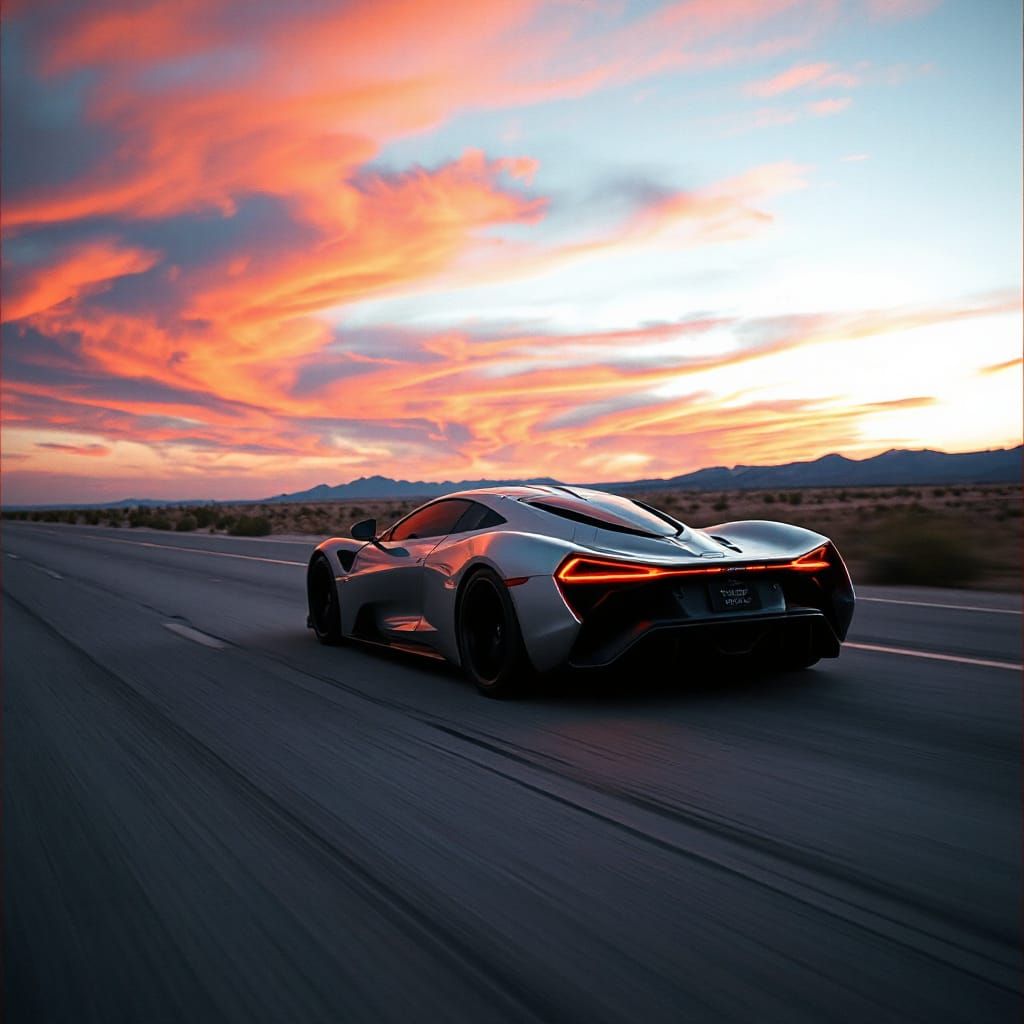 Silver Hypercar Races Through Red Desert Sky