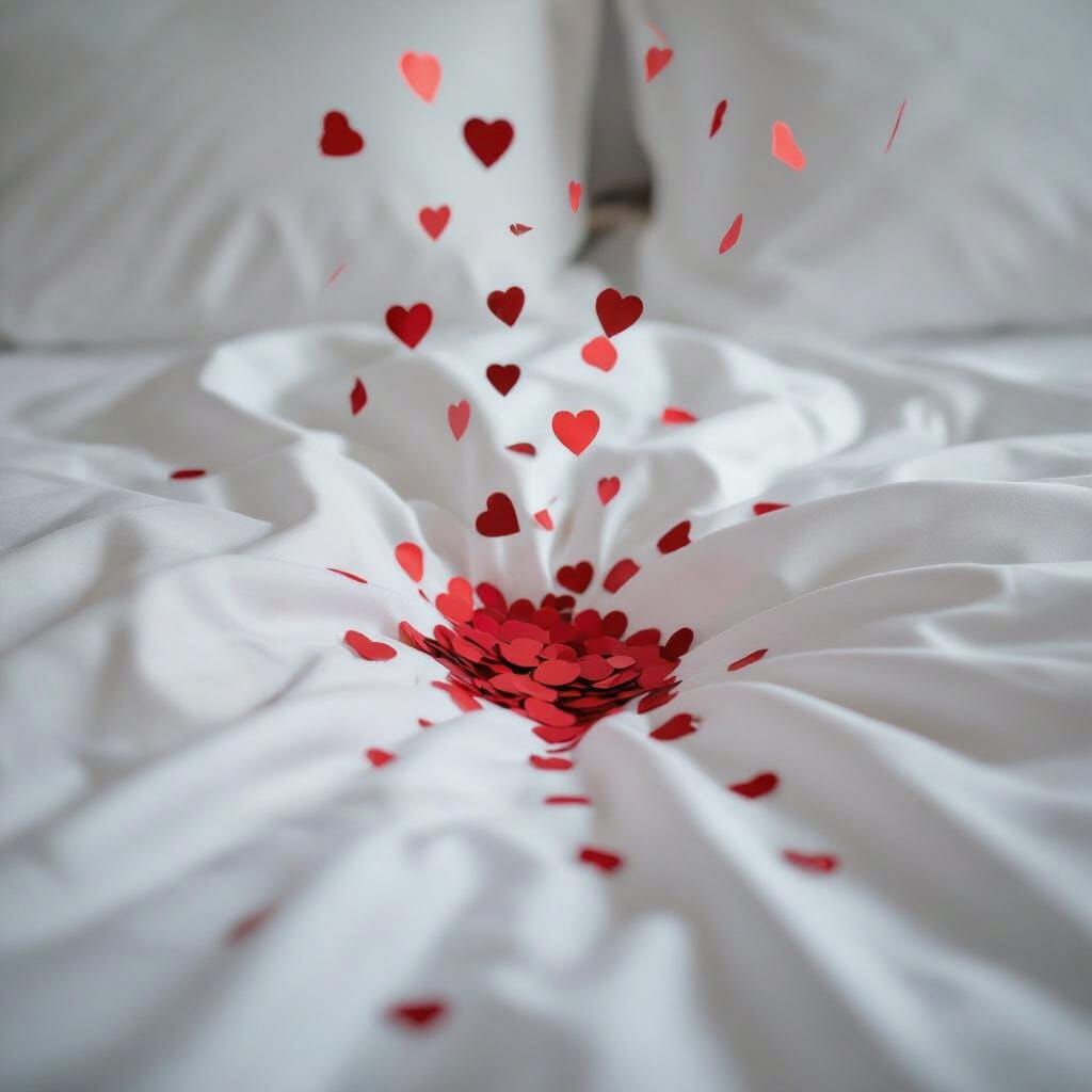 Love Heart Confetti Falling on White Silk Sheets