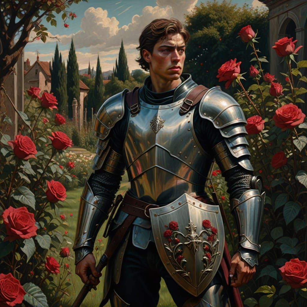 Muscular Warrior in Eerie Garden Oil Painting