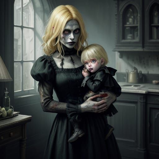 Zombie Mom With Blonde Hair Holds Two Children in Haunted Ho...
