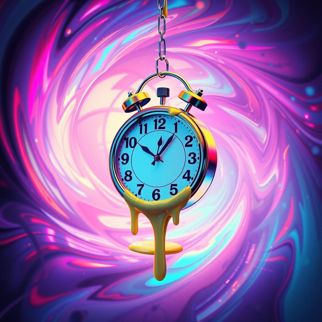 Melting Clock in Iridescent Vortex: Synthwave Retro Art