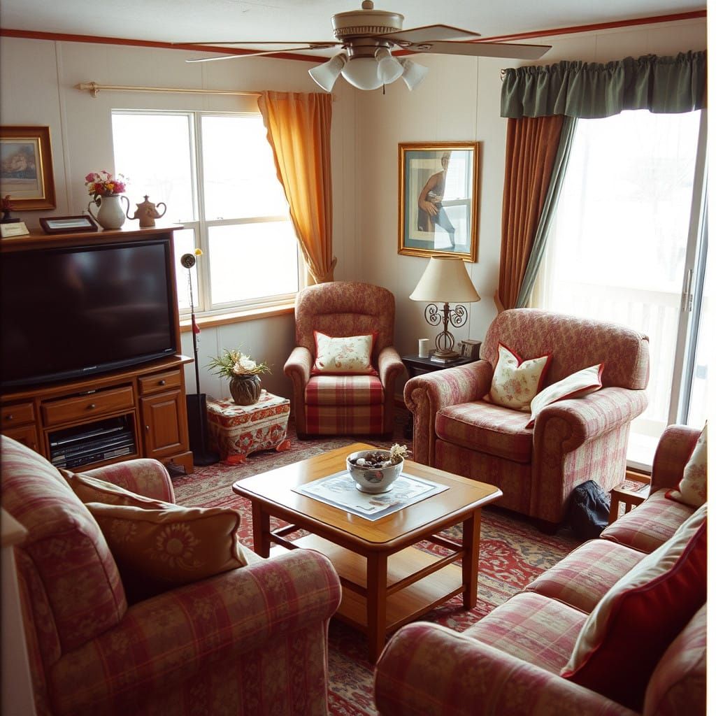 1980s Retro Living Room Scene in a Cozy Mobile Home