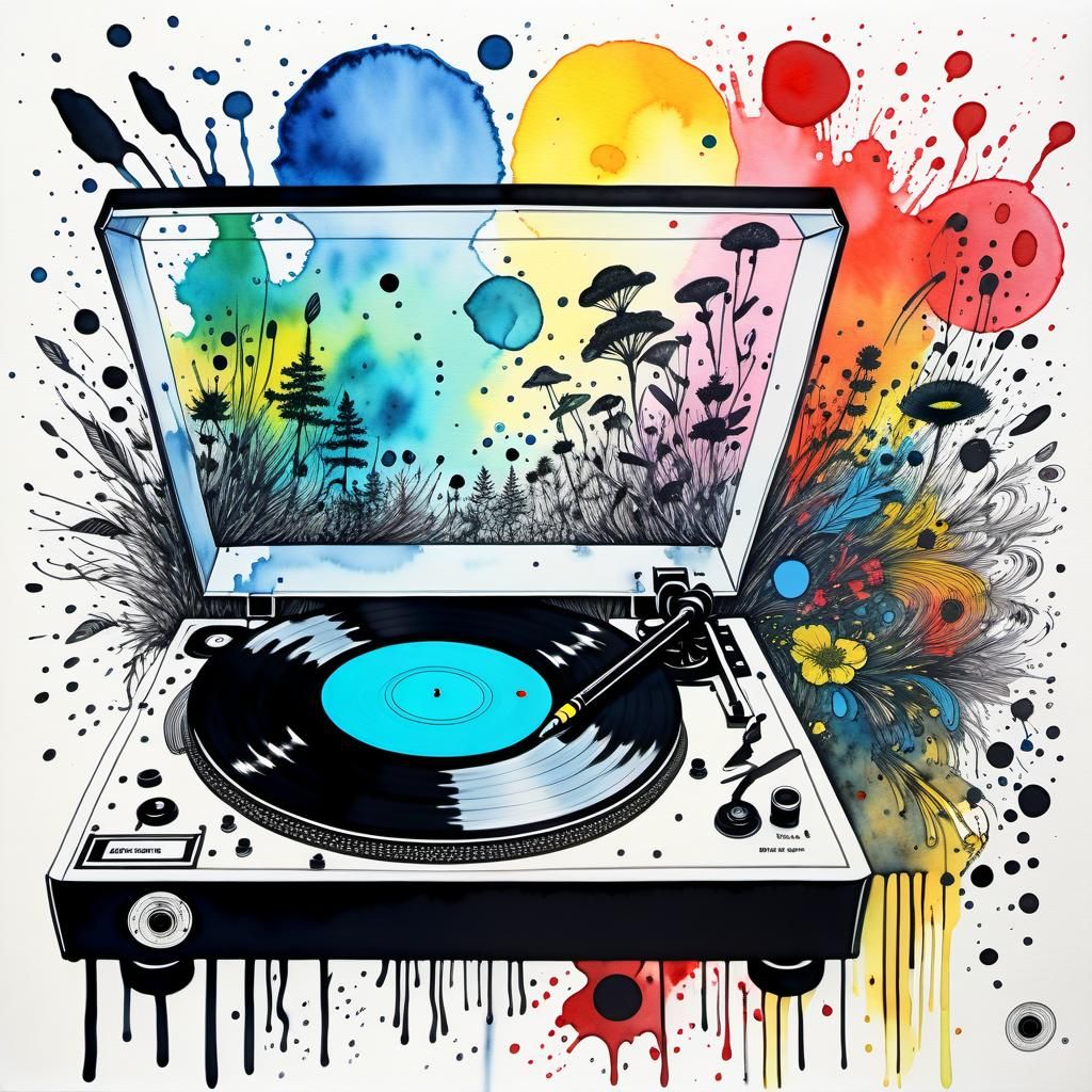 Vinyl Record Shop in Pen and Ink with Watercolour