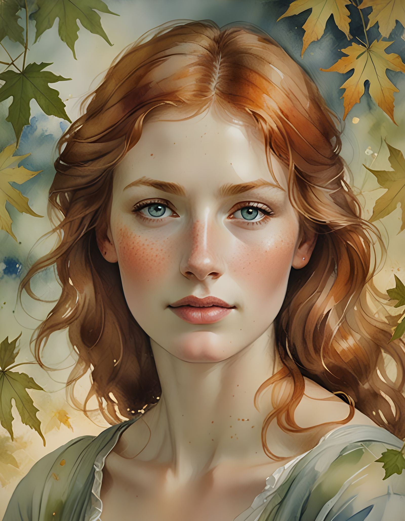 Watercolor Portrait of a Woman with Red Hair and Silver-Blue...