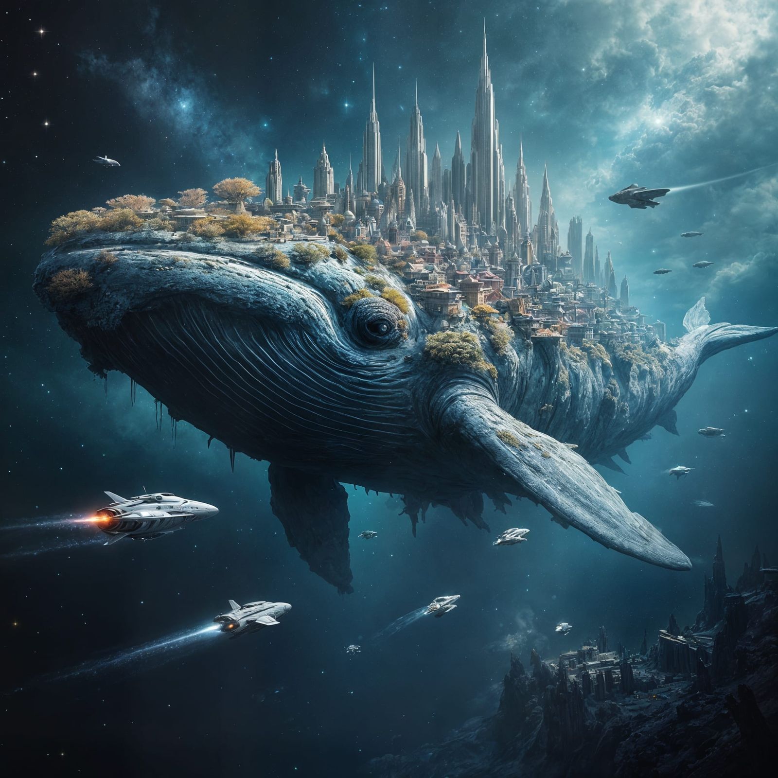 City on Giant Space Whale Drifting Through Stars