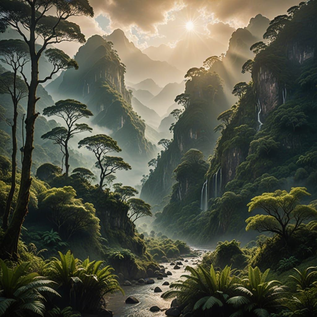 Epic Jungle Oasis Amidst Majestic Mountain Peaks