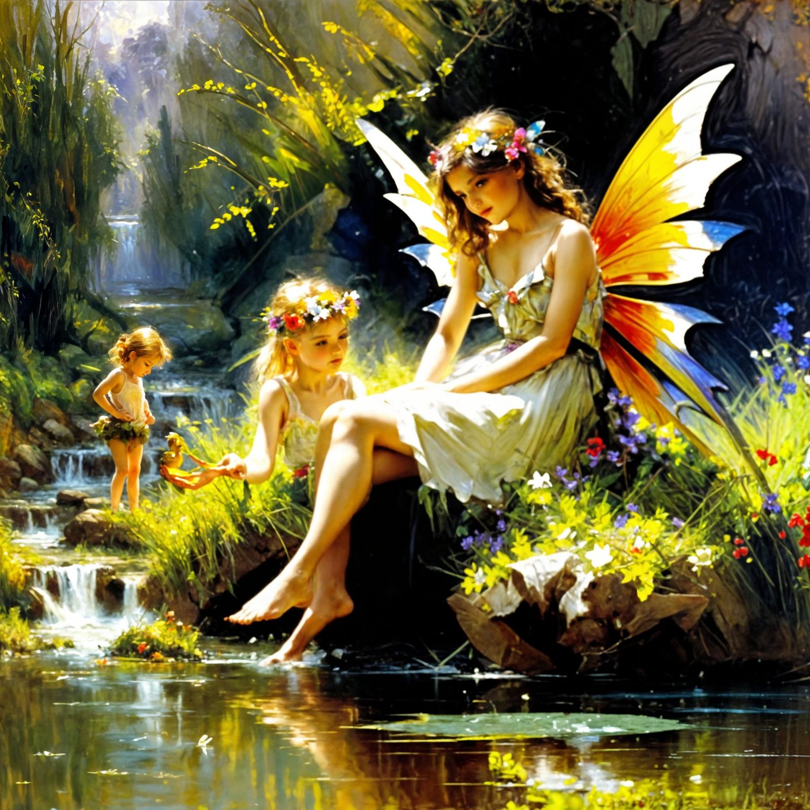 Fairies at the river by Pino Daeni