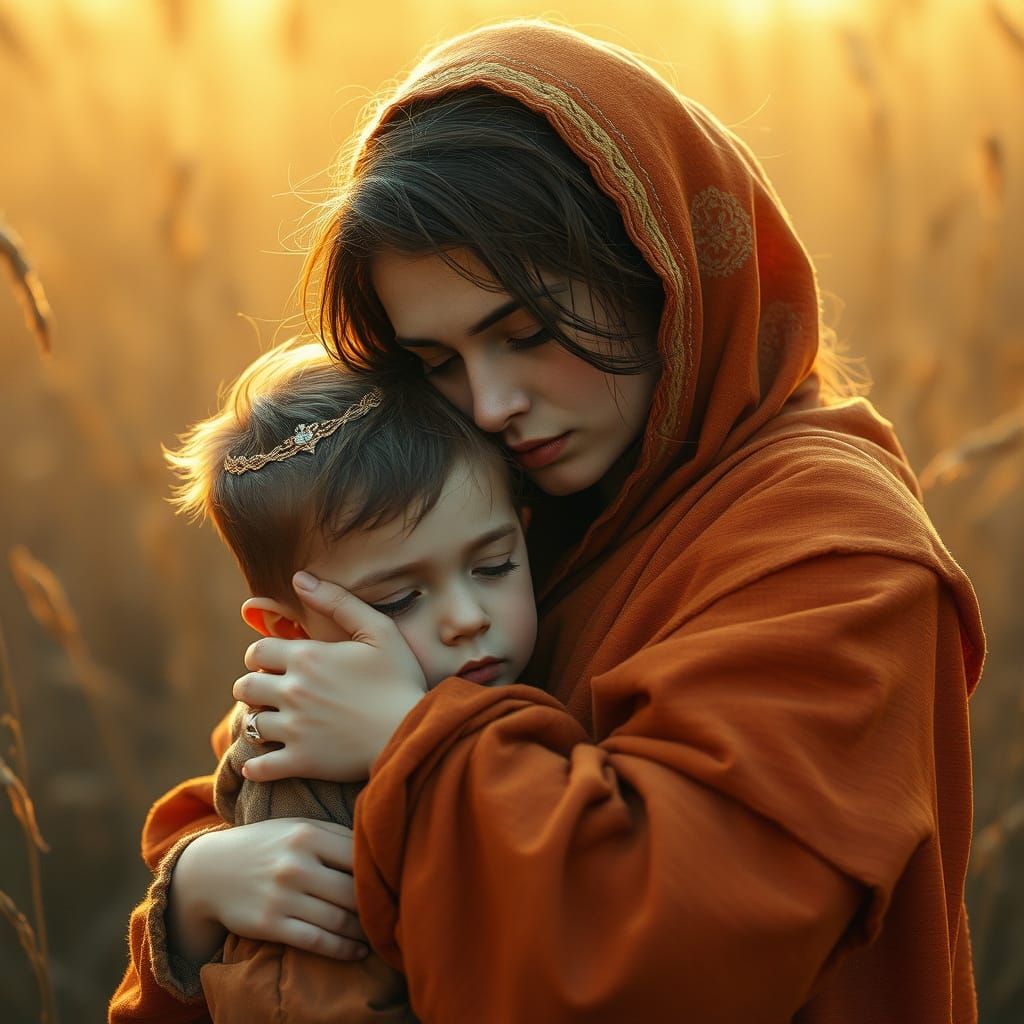 Mother and Son Embrace in Golden Light