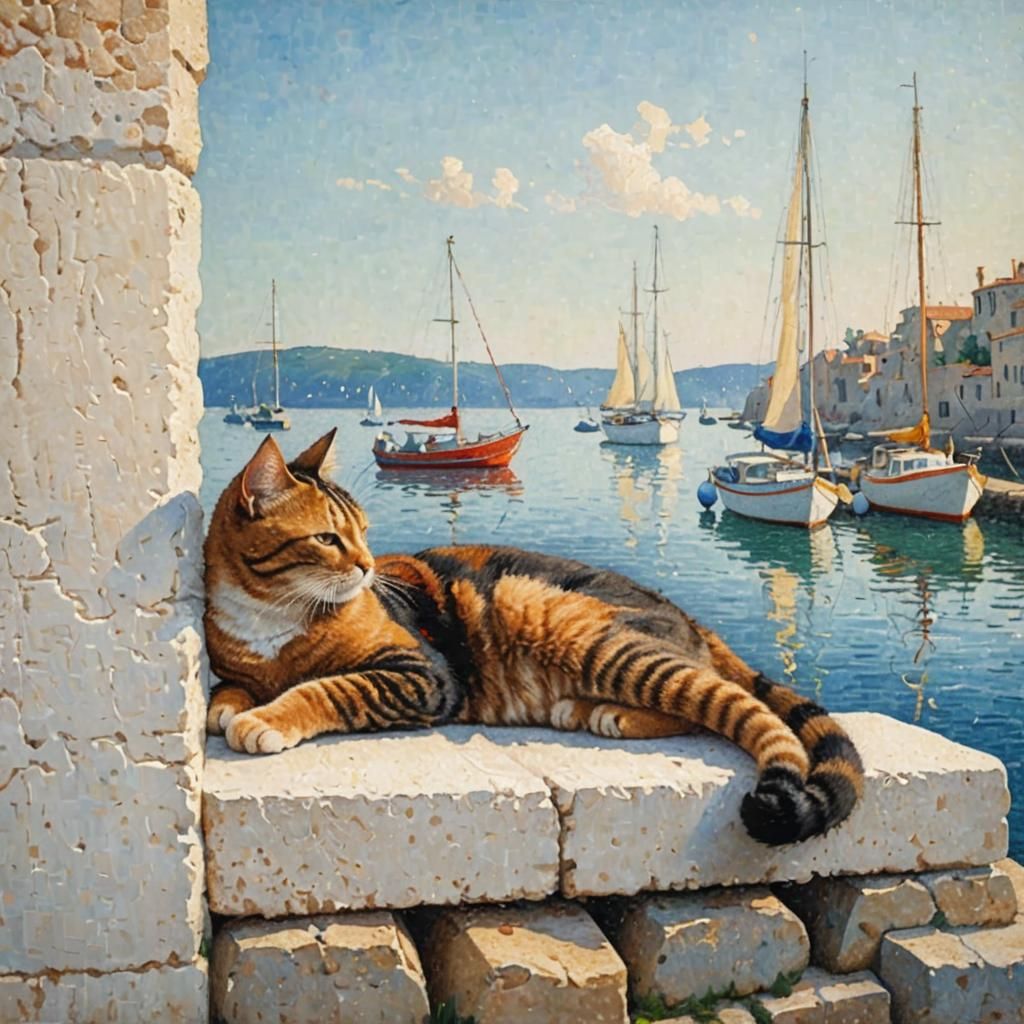 Cat Overlooking Mediterranean Harbour in Pointillism Style