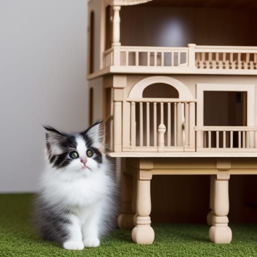 Kitten Peeks Out of a Dollhouse