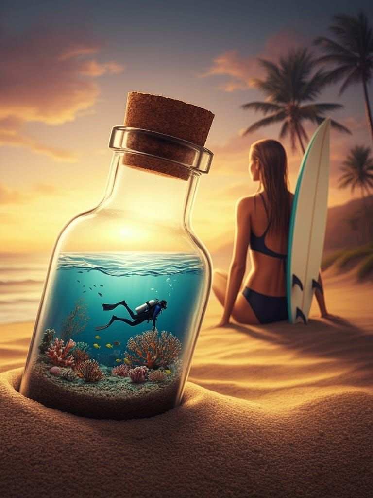 Surreal Beach Scene with Glass Bottle and Miniature Coral Re...