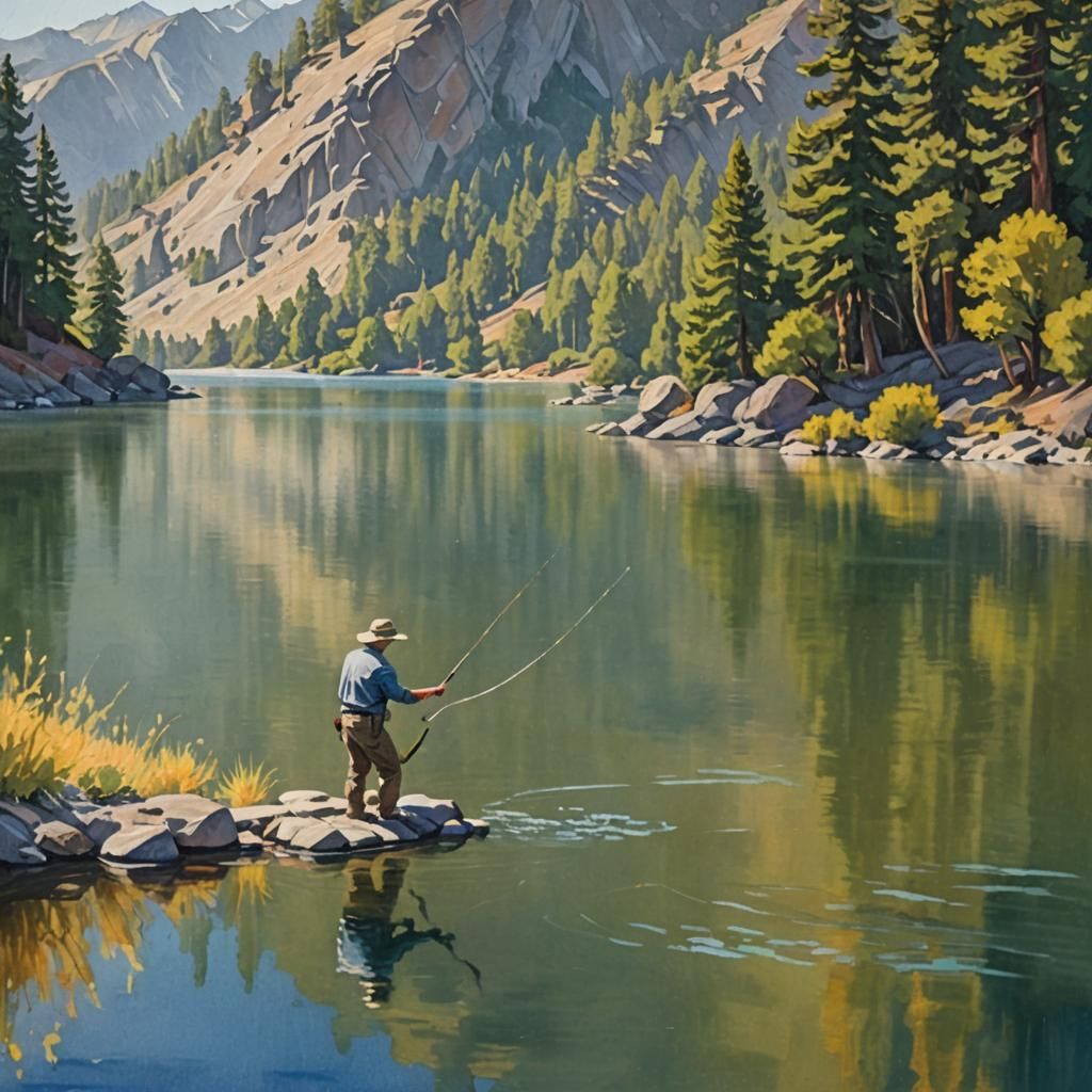 California Lake Fishing in Gouache Impressionism Style