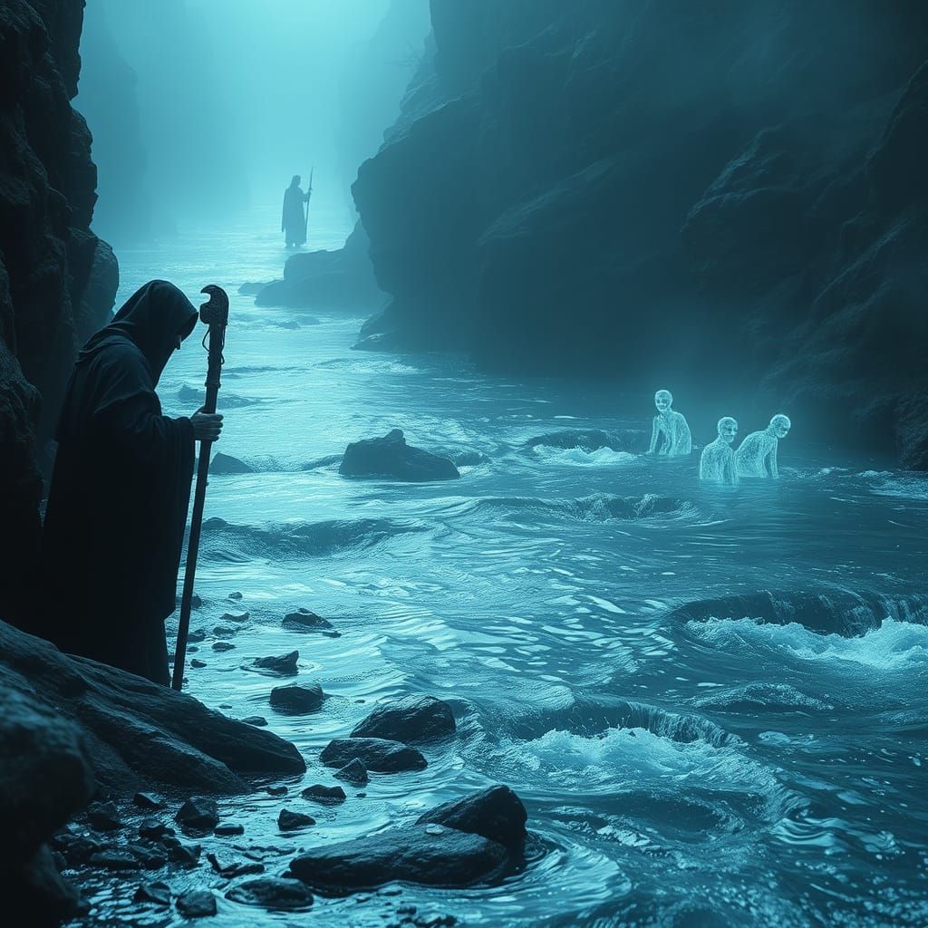 Weary Grim Reaper Rests Beside River of Souls