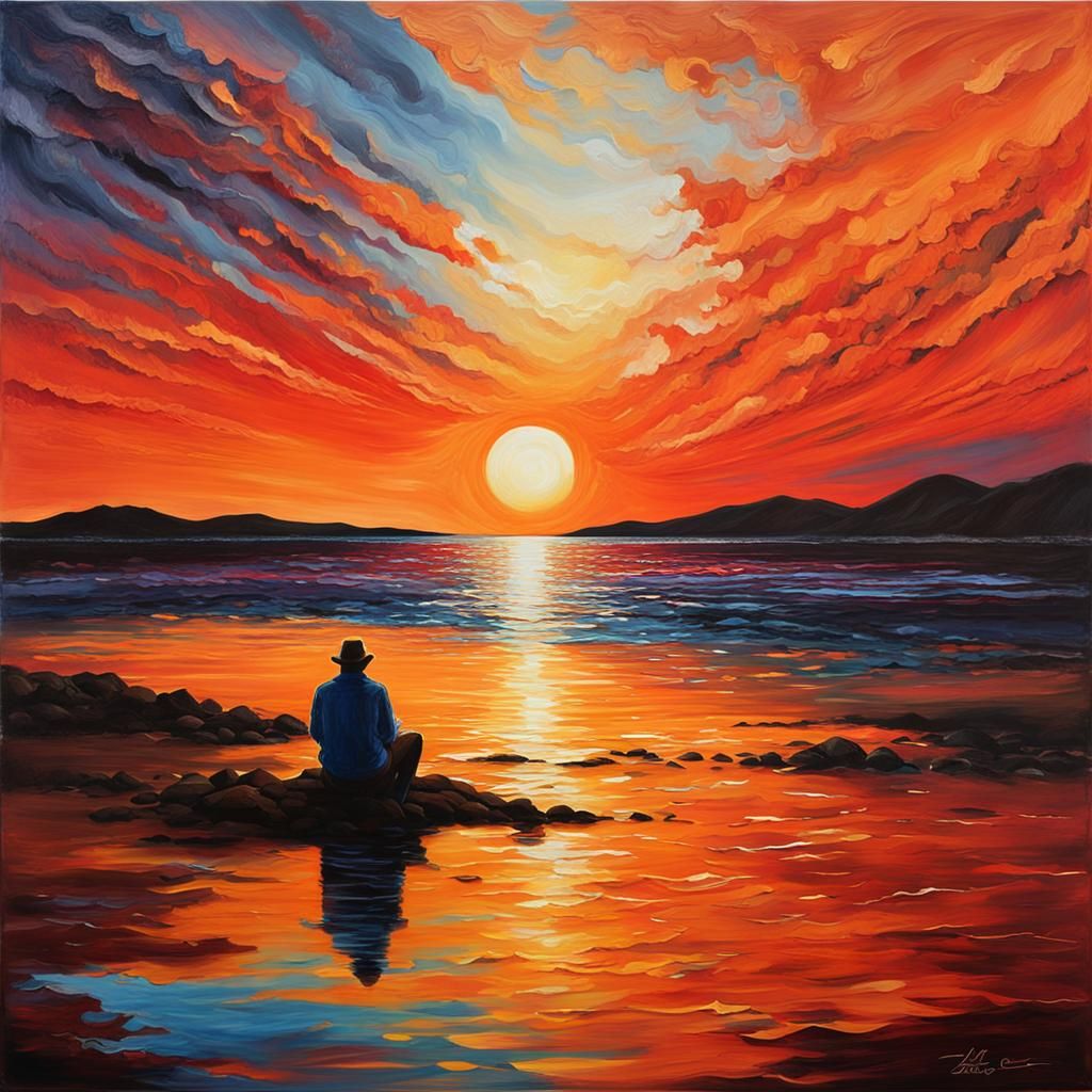 Nostalgic Sunset Silhouette in Abstract Style