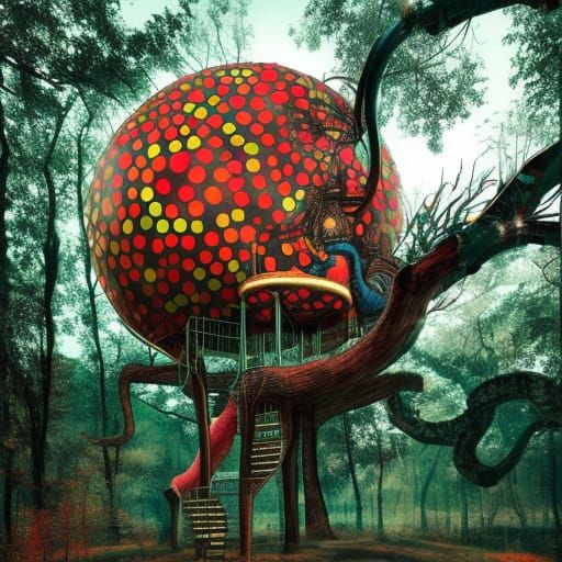 Enchanting Treehouse in Retro Art Style
