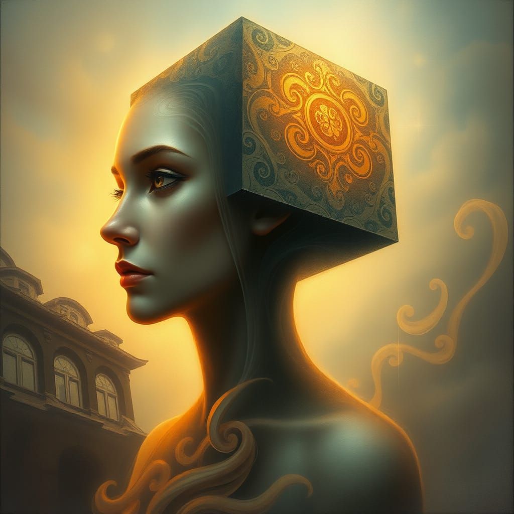 Figure With Cube Head in Ethereal Mist