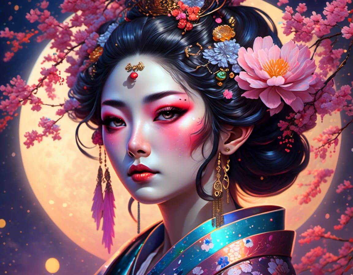 Moonlight Geisha Portrait in Sakura Aesthetic