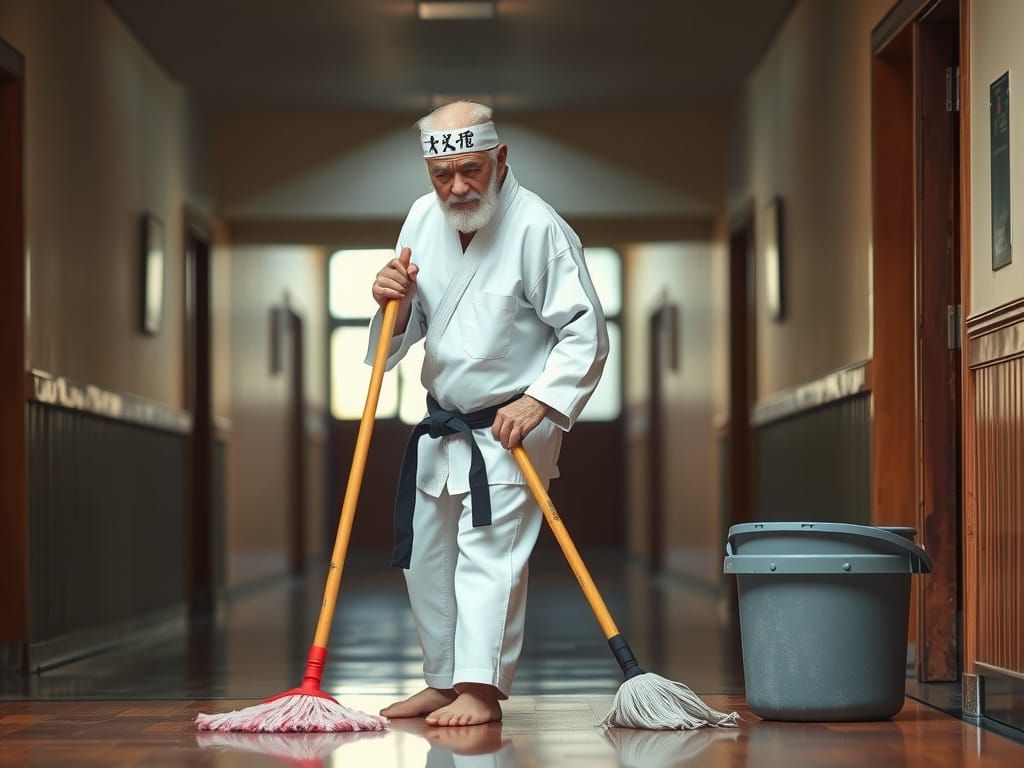 Karate Janitor Mopping Hallway: Professional Photography