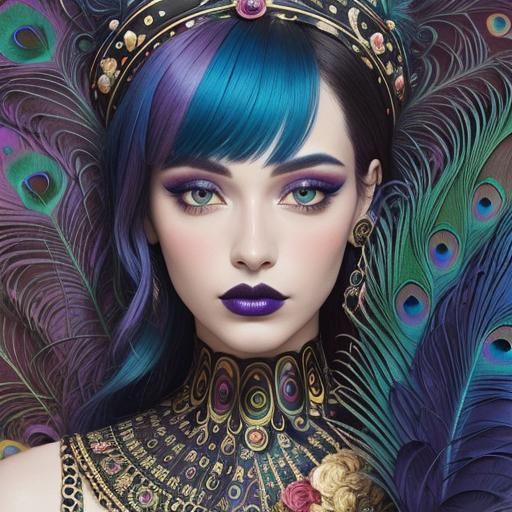 Abstract Portrait of a Woman with Rainbow Feathers