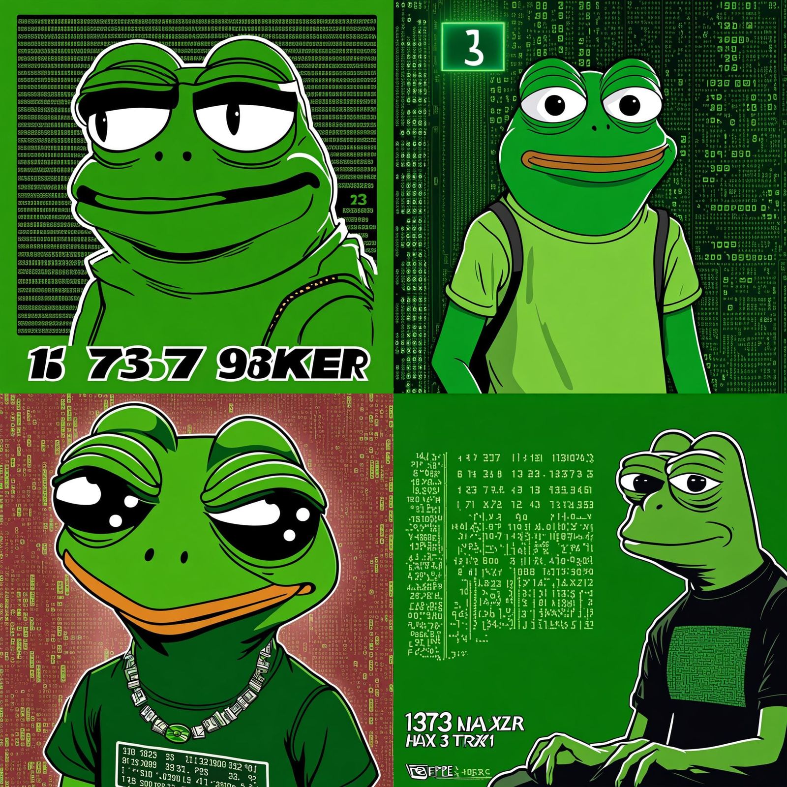 A meme of Pepe the frog with green computer code as background and so Pepe wears a t shirt where it says 1337 haxxer. Al...