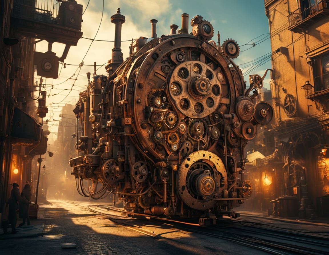 Surreal Vintage Cityscape with Glowing Copper Wires