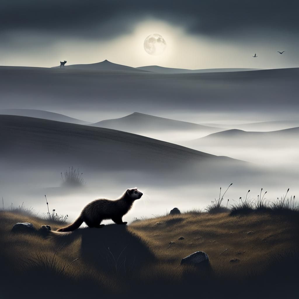 Steampunk Ferret on Misty Moor at Night