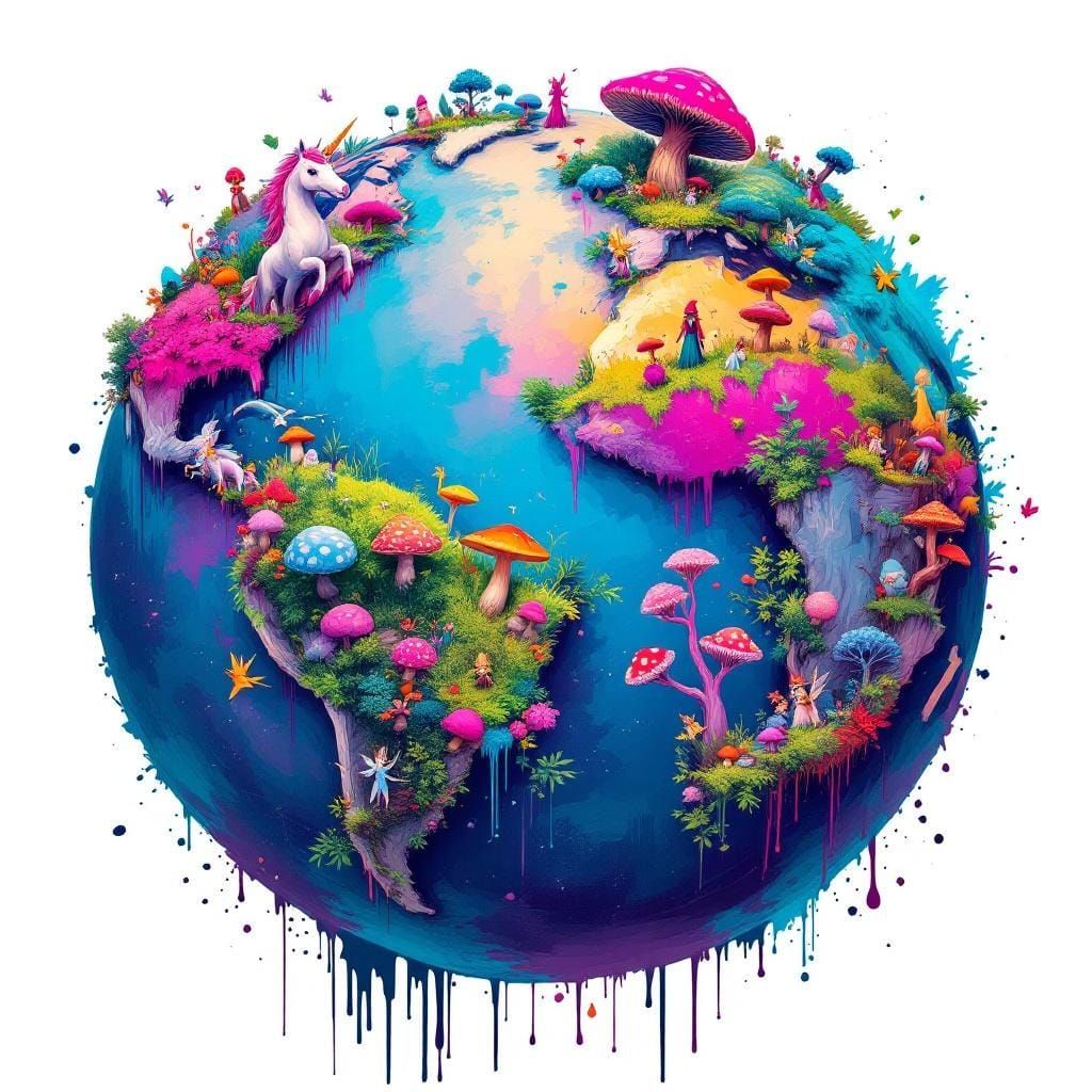 Fantasy Globe with Mythical Creatures in Graffiti Style