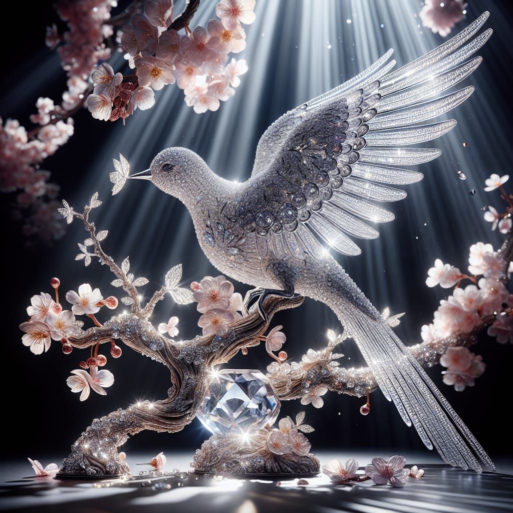 Crystal Diamond Bird on Cherry Blossoms