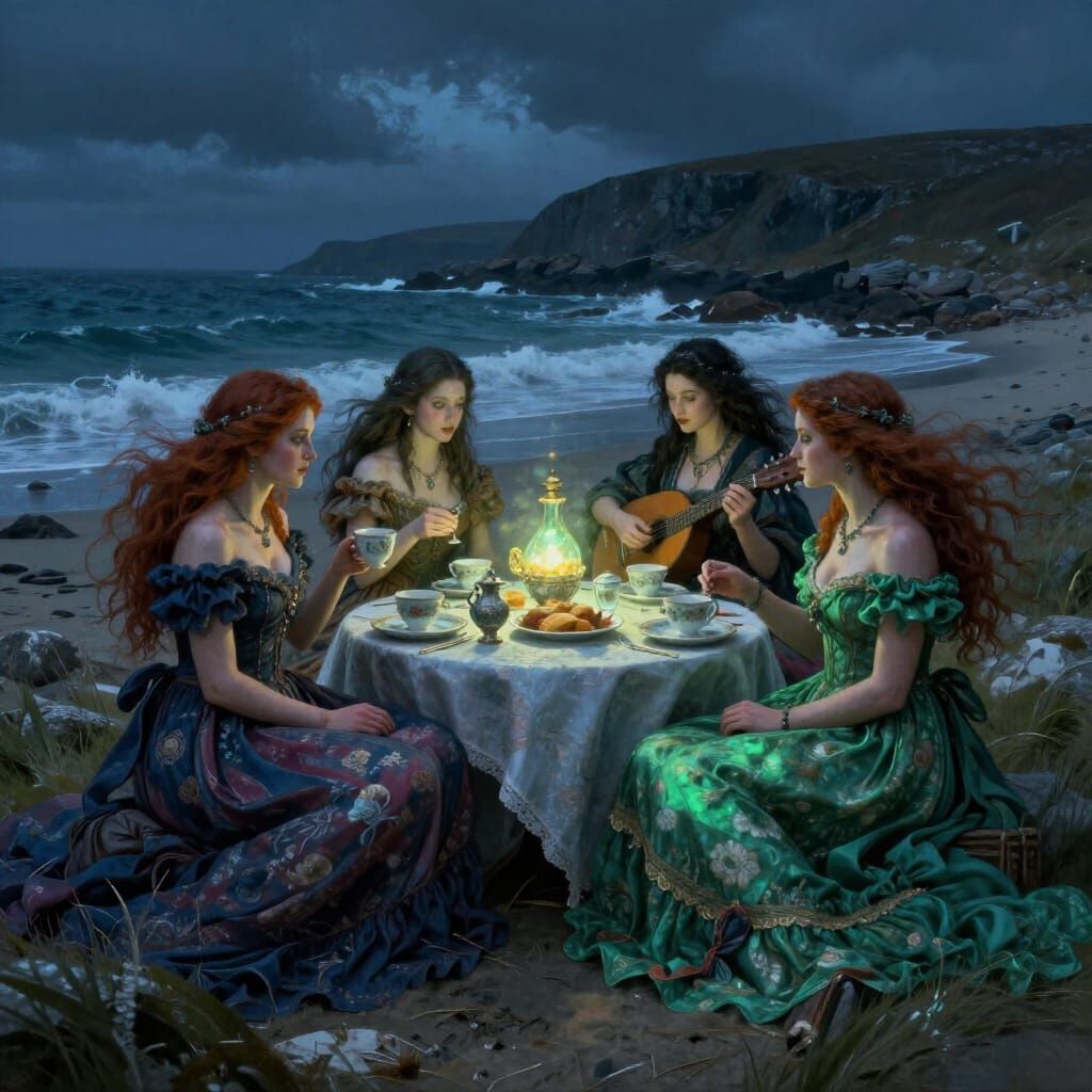 Selkie Maidens Tea Party on Scottish Shore with Lute Bard
