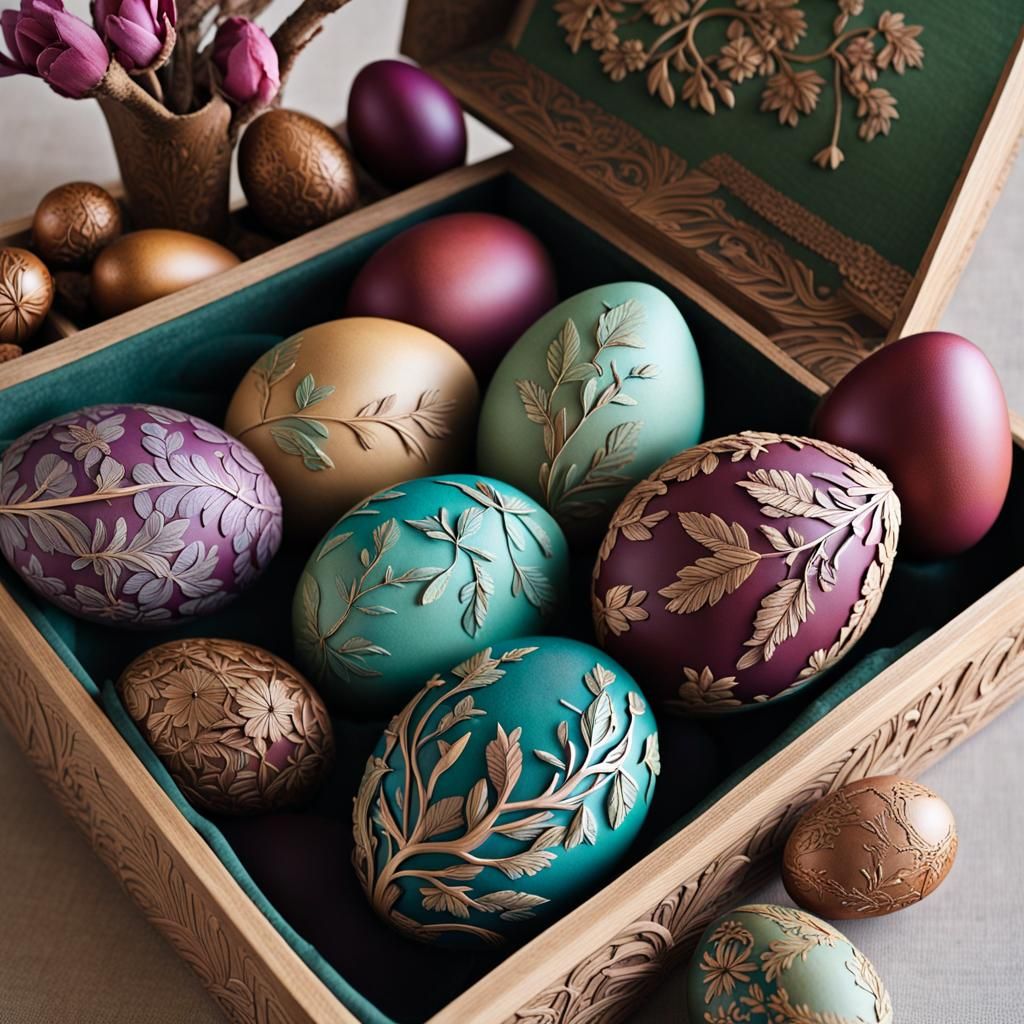 Handmade Carved Easter Eggs in Jewel Tones