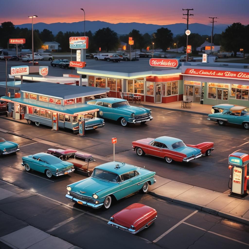 1960s Diner and Gas Station at Dusk