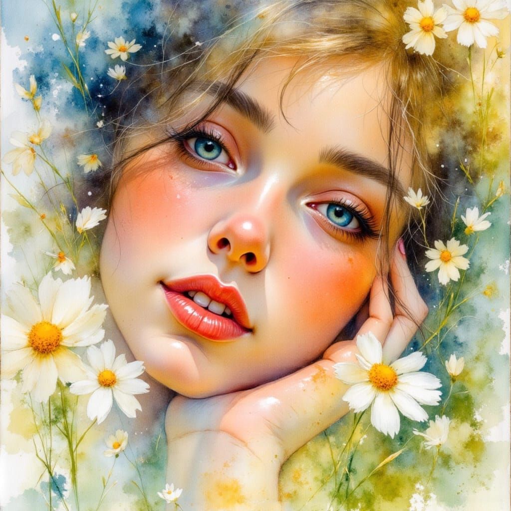 Woman in Wildflowers: a Watercolor Painting