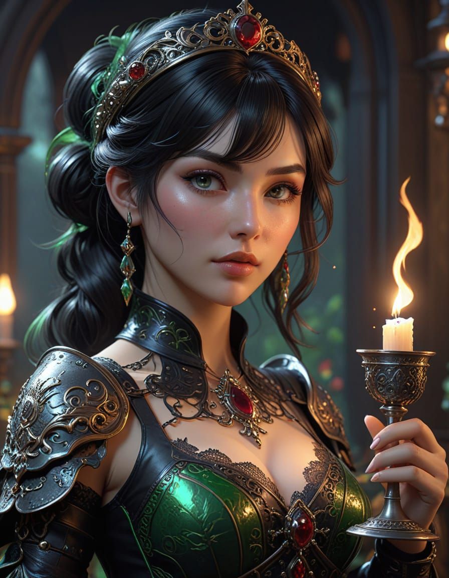 Gothic Dark Haired Girl with Mystical Chalice in Hyperdetail...