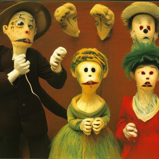 Puppets Held in Hands, Expressive Grotesque Style