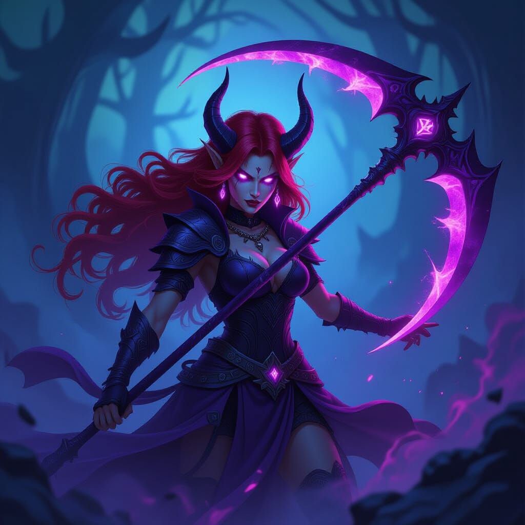 Demon Warrior Woman with Scythe in Dreamlike Art Style