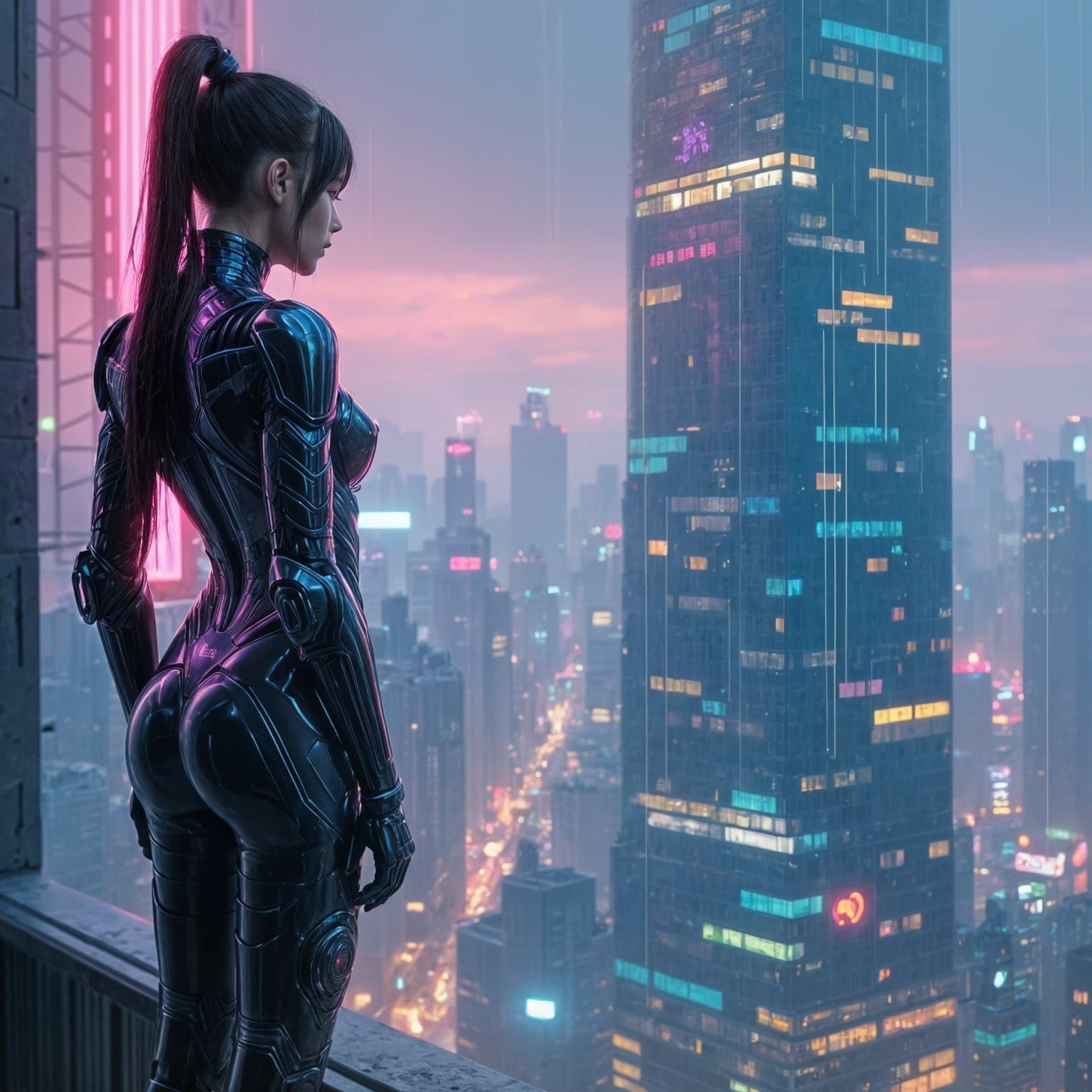 Cyberpunk Woman Overlooking Neon Metropolis