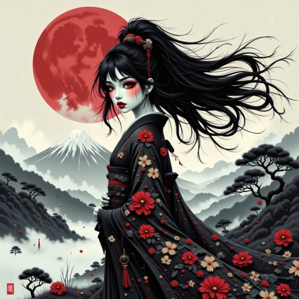 Geisha Portrait on Windy Mountain in Manga Gothica Style