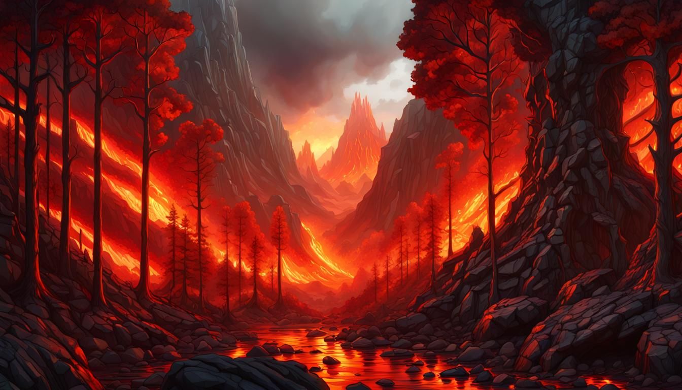 Sinister Lava Post-Apocalyptic Landscape in Stained Glass St...