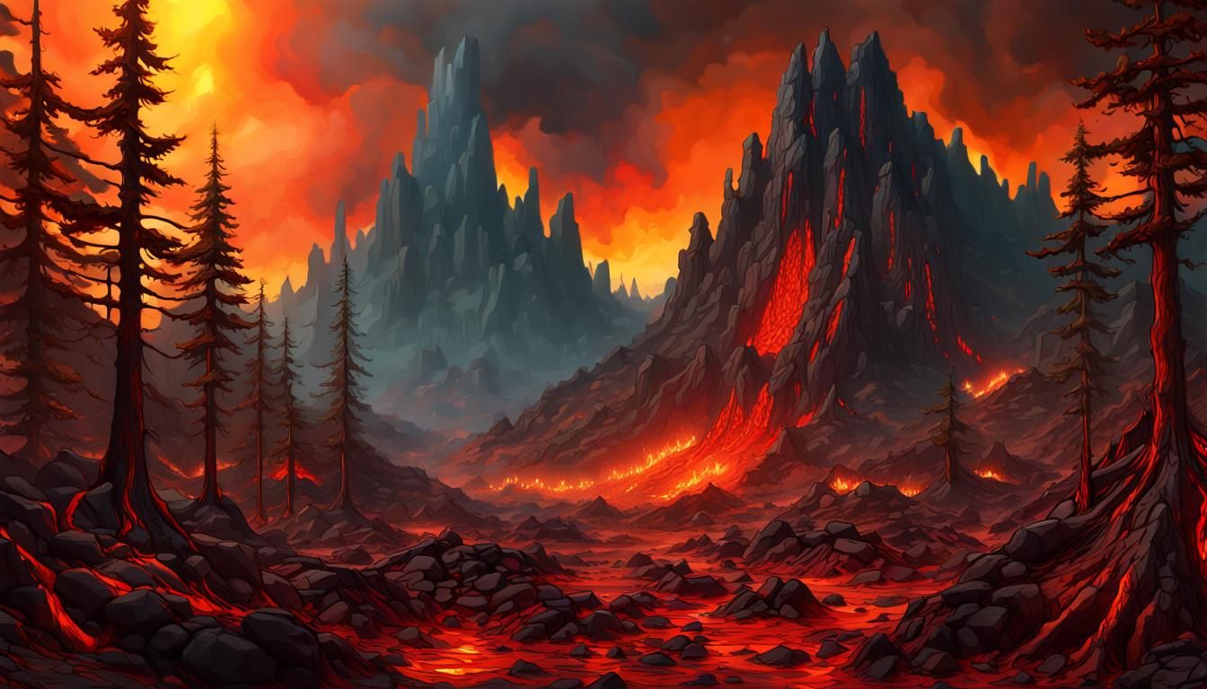 Fiery Lava Post-Apocalyptic Landscape in Stained Glass Style