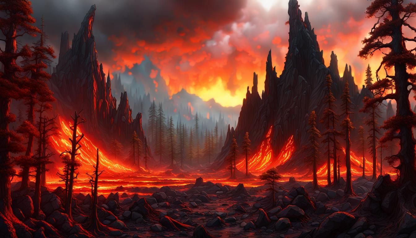 Apocalyptic Lava Mountain Landscape in Stained Glass Style