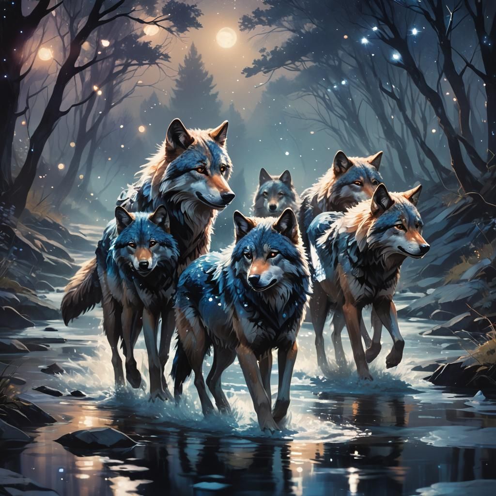 Galaxy Wolves Strolling Through Starry Stream
