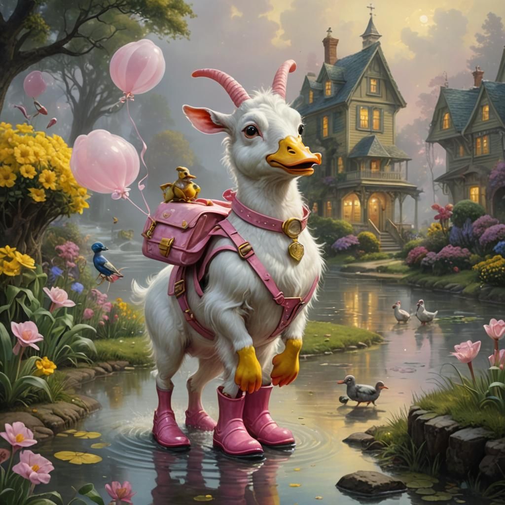 Goatcow and Two-Headed Duck in Ethereal Landscape