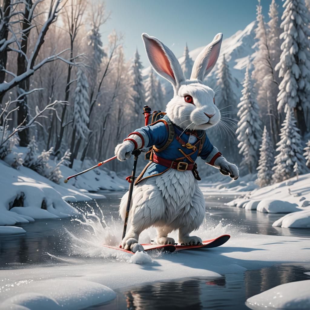White Rabbit Skis on Frozen River in Fantasy Art