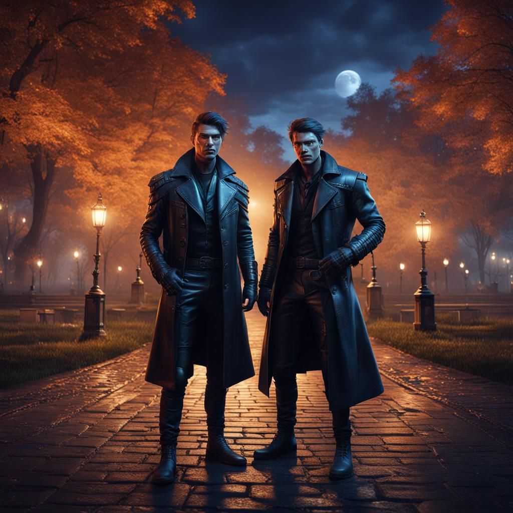 Night Park Scene: Two Men in Leather, Detailed Matte Paintin...