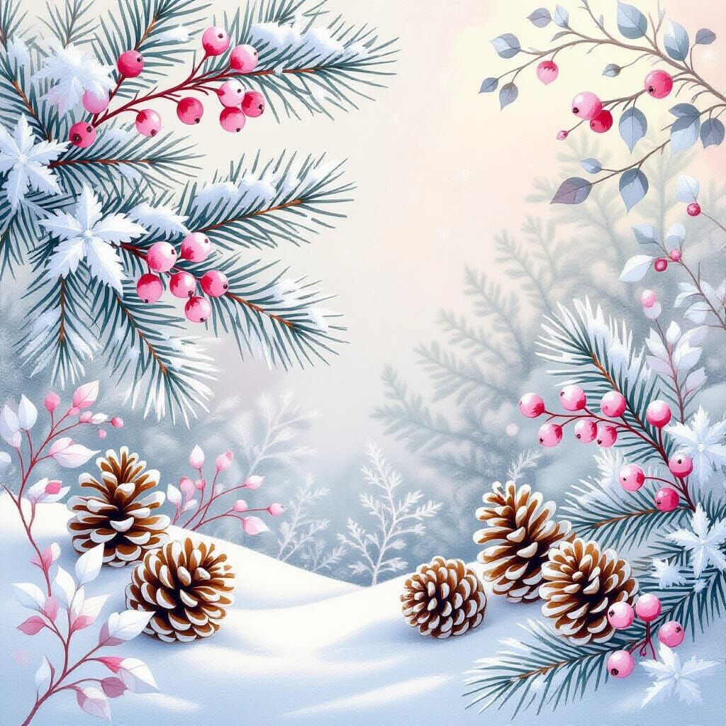 Dreamy Winter Scene with Frosted Pine Branches and Berries