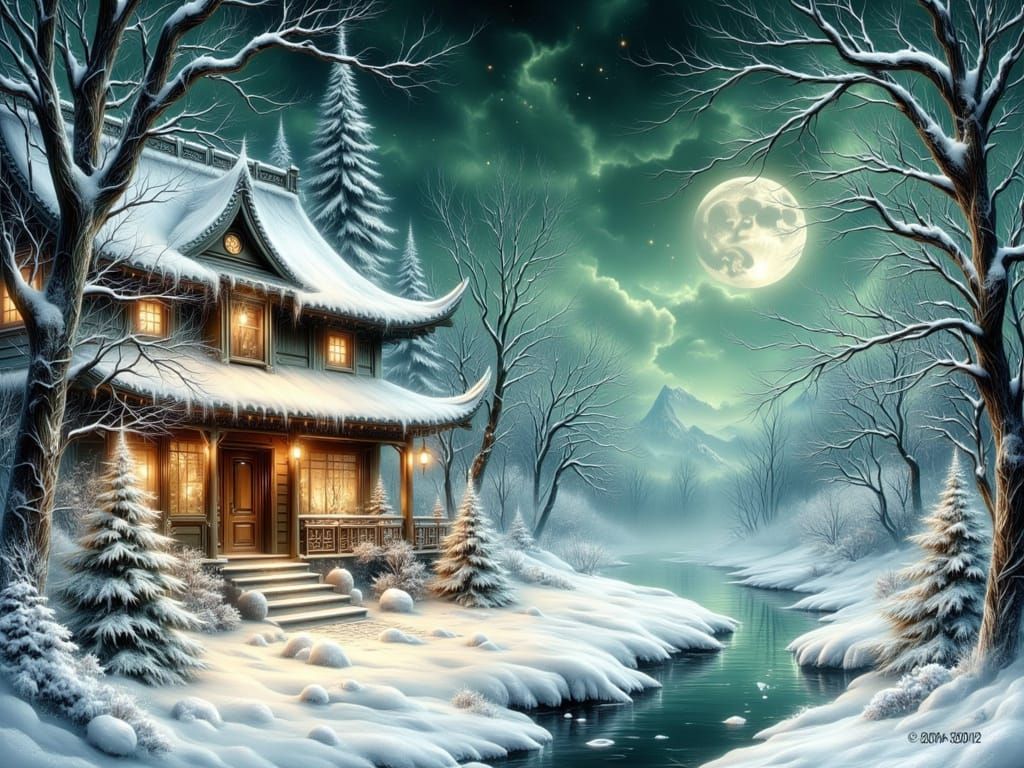 Asian Ink Painting of Snowy Winter Holiday Night