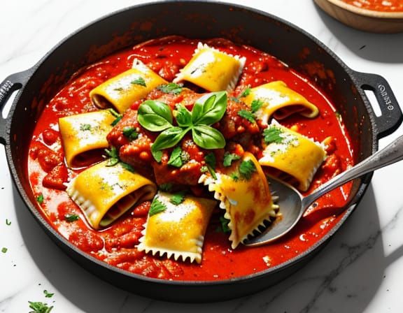 Vibrant Splash Art of Ravioli in Rich Tomato Sauce