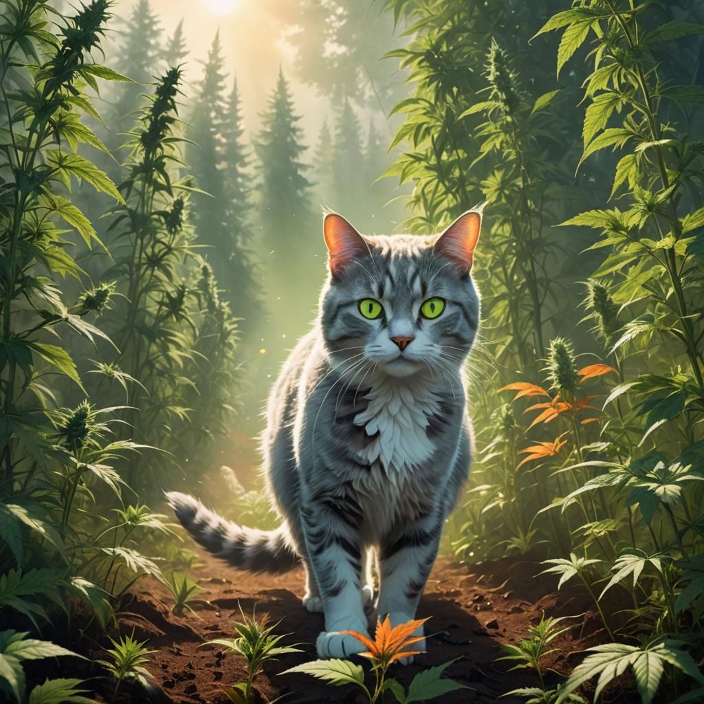 Cat Walks Through Marijuana Field: Fantasy Art