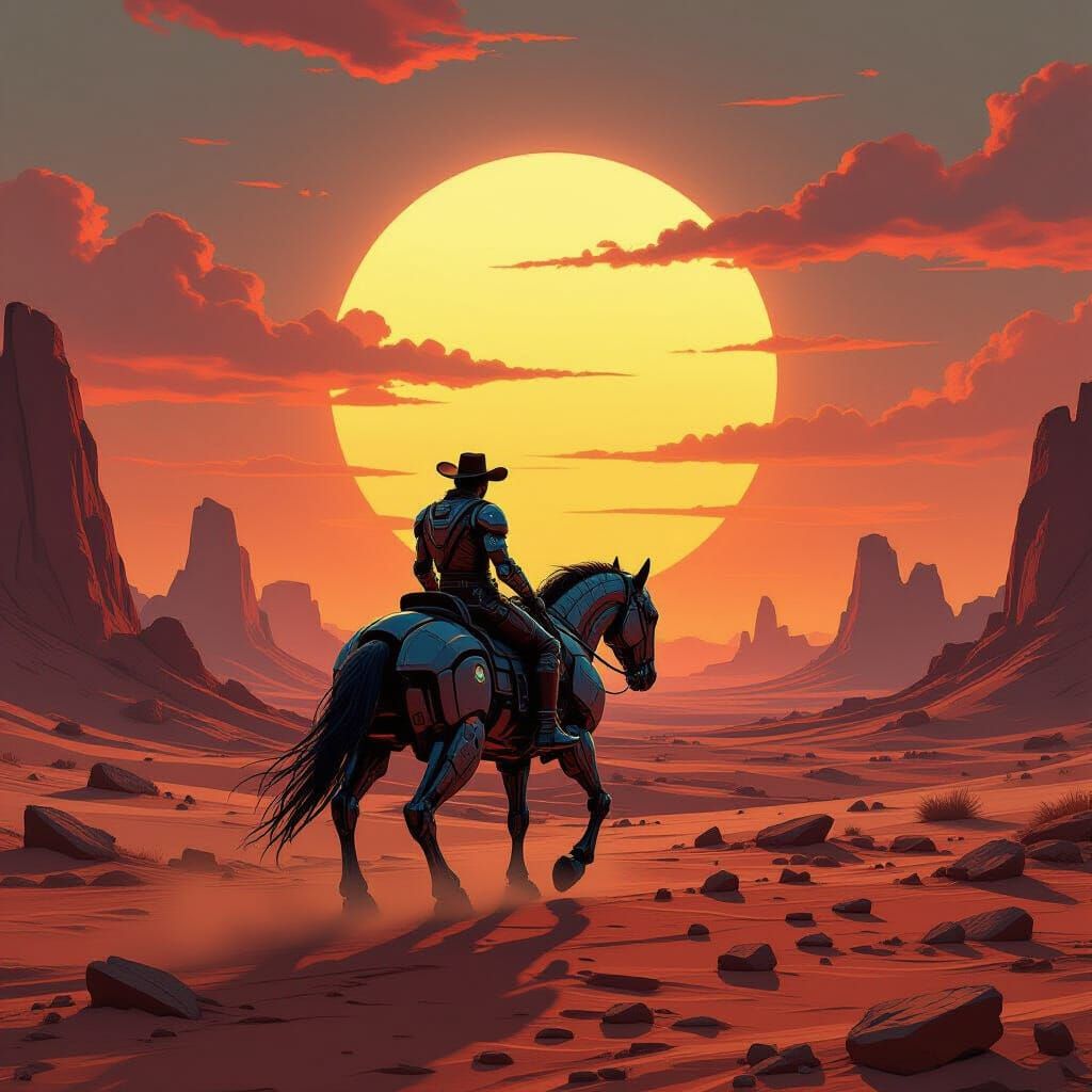 Cybernetic Cowboy on Robotic Horse in Alien Desert