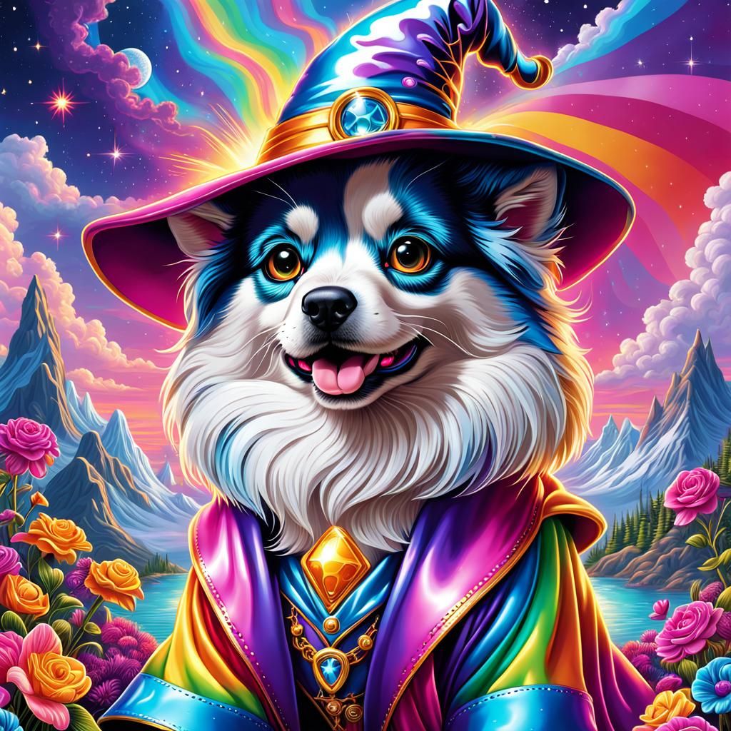 puppy wizard in the style of lisa frank